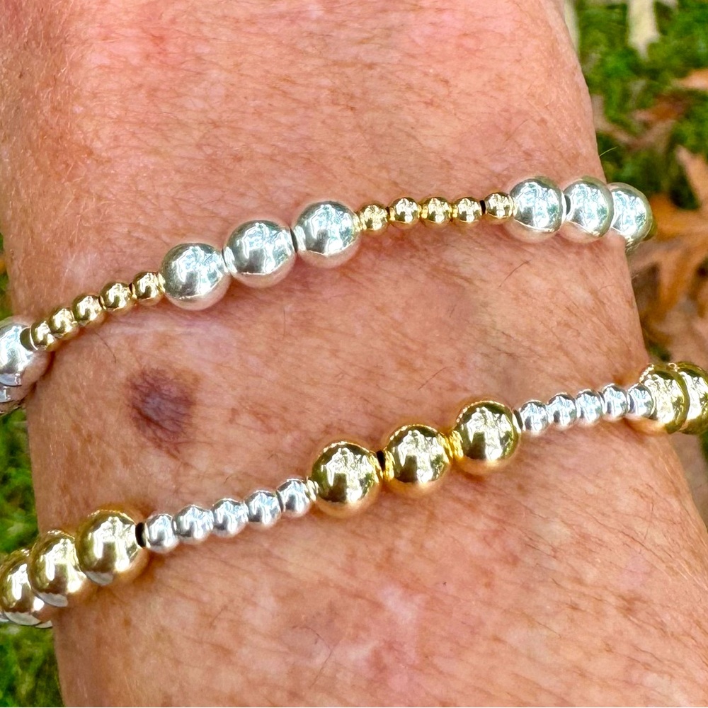 Station- Handmade 14k gold filled bead + sterling silver bead stretch bracelet - Picture 4 of 4